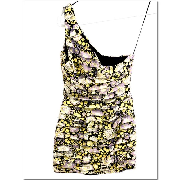 Zara Yellow Metallic Floral One Shoulder Dress Ruched Minidress Size S NWT - Picture 3 of 6